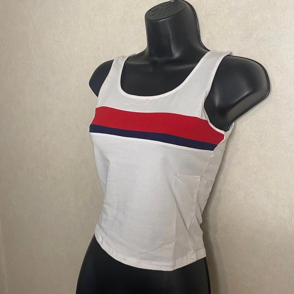 Active USA Round Neck Striped Cotton Sleeveless Tank Top White SMALL
